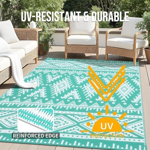 OLANLY Outdoor Rug 10x14 ft Waterproof Reversible Mat, Turquoise & White - Image 4