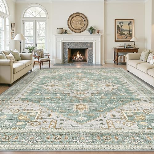 Machine Washable Rugs 9x12,Vintage Floral Large Carpet Living Room Green - Image 3