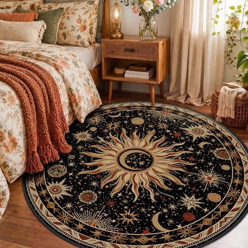 Vacuum-Friendly, Round 4ft Washable Area Rug, Black Gold Beige Red - Image 2