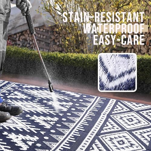 OLANLY Outdoor Rug 9x18 ft Waterproof Reversible Boho Mat, Navy & White - Image 3