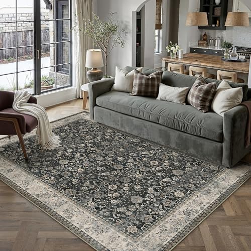 HUGEAR 5x7 Black Beige Vintage Floral Washable Area Rug for Living Room by HUGEAR