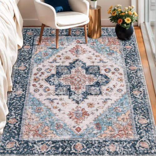 SERISSA 3x5 Washable Non Slip Boho Area Rug for Bedroom，Blue Orange by SERISSAHomeDecorCollection