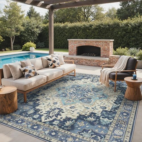 GENIMO Indoor Outdoor Rug, Washable for Patio and Deck, Navy Ivory, 9x12 by GENIMO