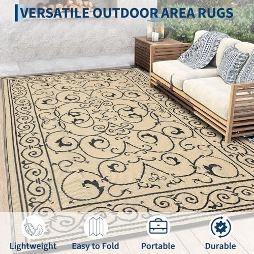 GAOMON Outdoor Rug Waterproof 9x12 Patio Rug Durable Indoor Outdoor RV Mat, Reversible Camping Carpet, Foldable Plastic Straw Rug for Patio, Porch, Deck, Balcony, Beach,Vintage-Black&Beige - Image 4