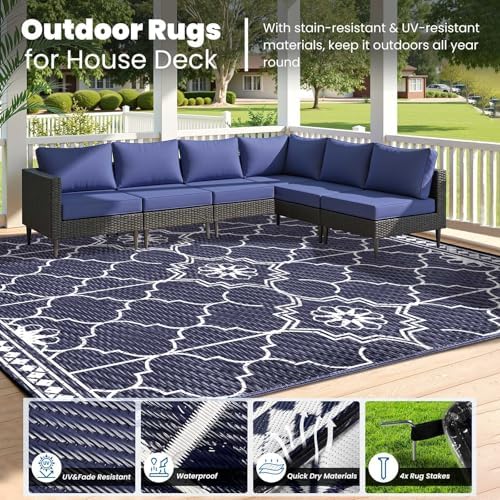 Lighted Outdoor Rug 8x10 ft, Solar Powered Patio Rug with 113 LED Lights, Waterproof Plastic Reversible Outdoor Straw Rugs, Rugs Mat for House Deck RV Camping Patio Beach Balcony Picnic (Blue White) - Image 5