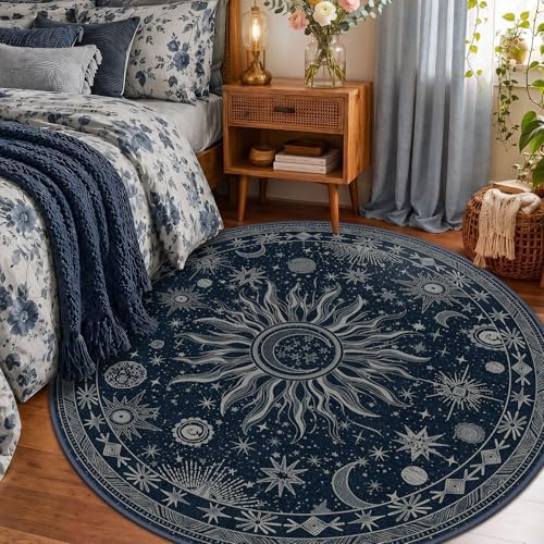 Vacuum-Friendly, Round 6ft Washable Area Rug, Blue Gray White - Image 2