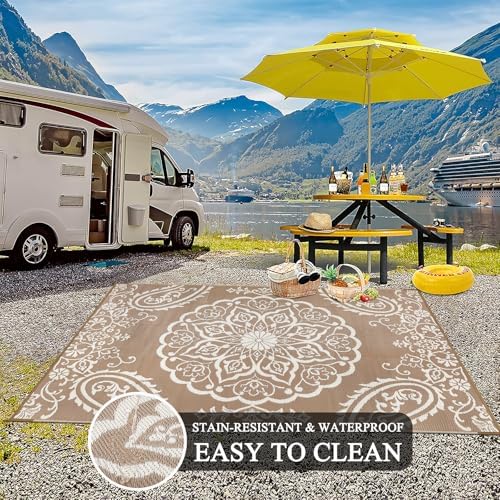 Pauwer Outdoor Rug 6x9, Waterproof Plastic Straw Camping Rug, Boho Brown - Image 5