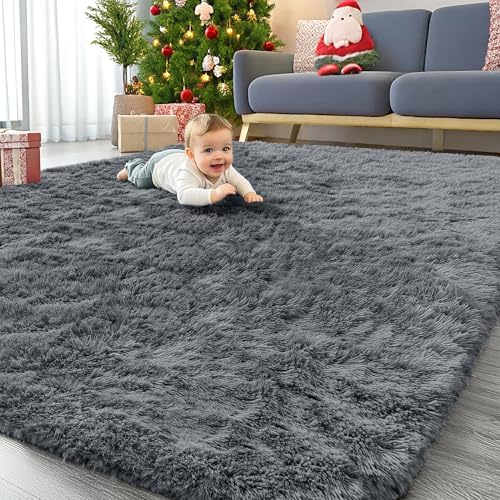 OLANLY 6x9 Machine Washable Large Area Rugs for Living Room, Bedroom, Soft Fluffy Shaggy Bedside Rug, Indoor Floor Carpet for Kids Girls and Boys, Dorms, Nursery, Home Decor Aesthetic, Grey by OLANLY