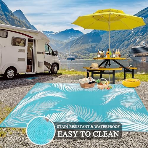 Pauwer Waterproof Outdoor Rug 5x8, Plastic Straw Patio Mat, Leaf Teal - Image 5