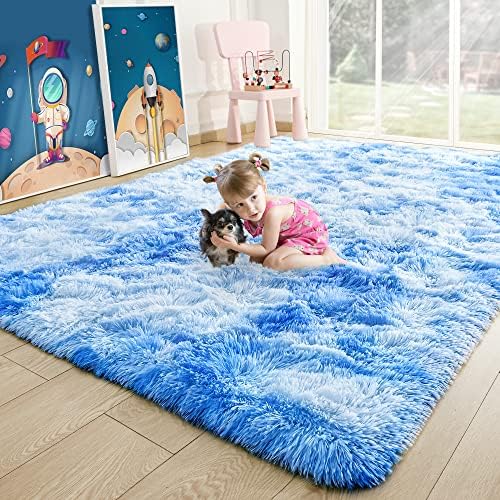5x7 Tie-Dyed Blue Fluffy Soft Area Rug Non-Slip for Kids Bedroom Nursery by ModernHomeDecor