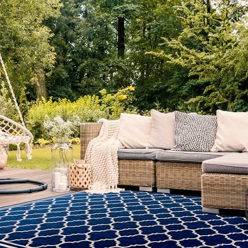SAFAVIEH Courtyard Collection 8' x 11' Navy/Beige CY6918 Trellis Indoor/ Outdoor Splashproof Easy Scrubbing Patio Backyard Mudroom Area Rug - Image 6