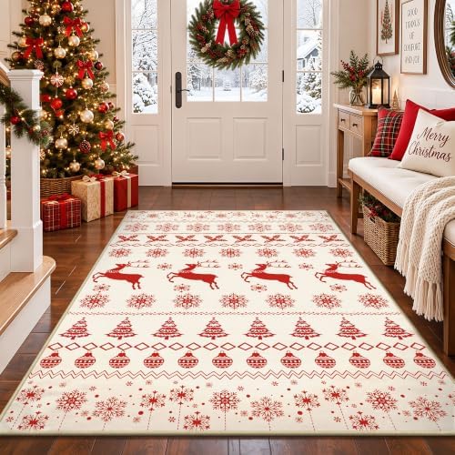 Christmas 4x6 Area Rugs for Entryway, Washable Rug Soft Non-Slip Low Pile Christmas Tree Elk Snowflake Small Carpet for Kitchen Living Room Bedroom Kids Nursery Holiday Throw Home Decor(Red/Cream Elk) - Image 3