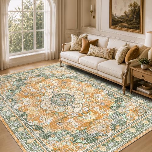 8x10 Area Rugs for Living Room, Boho Washable Non Slip Carpet, Green Orange - Image 2