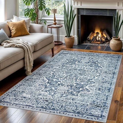KUTA Floral Area Rug 4x6 Living Room Washable Rugs Vintage Blue White - Image 2