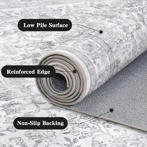 5x7 Washable Bedroom Area Rug Non-Slip Vintage Gray Throw Carpet - Image 2