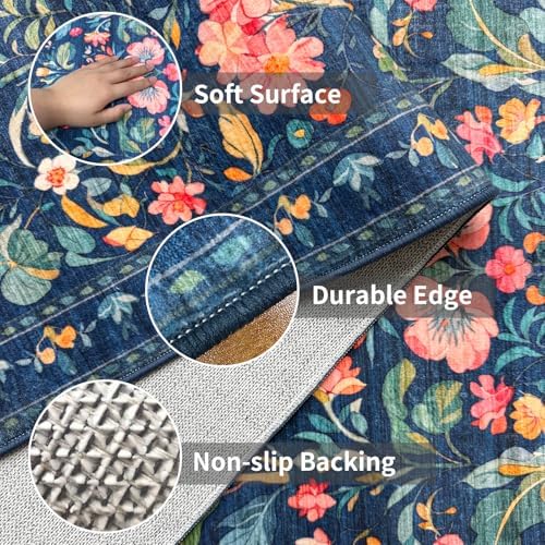 2x6 Soft Washable Runner Rugs: Velvet Feel & 5-10 Degrees Warmer Underfoot - Cottagecore Floral Hallway Carpet for Bedroom Kitchen Entryway - Family & Pet Friendly (Navy Distressed) - Image 4