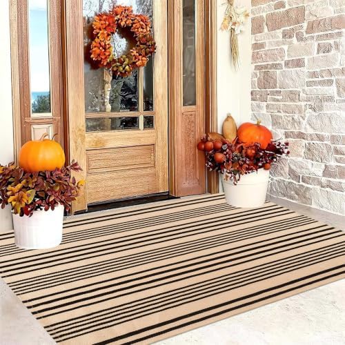 Fall Outdoor Rug 3'x5'Tan Striped Layering Rug Farmhouse Front Porch Rug by BUAGETUP