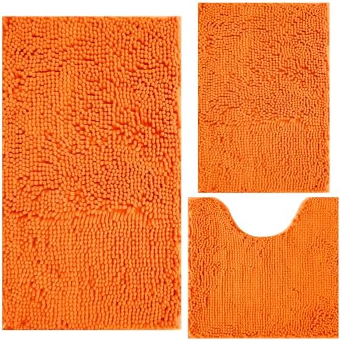Bathroom Rugs Chenille 3-Piece Extra Soft and Absorbent Shag Bathroom Rugs, Machine Wash Mat, Strong PVC Non-Slip Underside, Plush Carpet Mats (Orange) by BOANKODU
