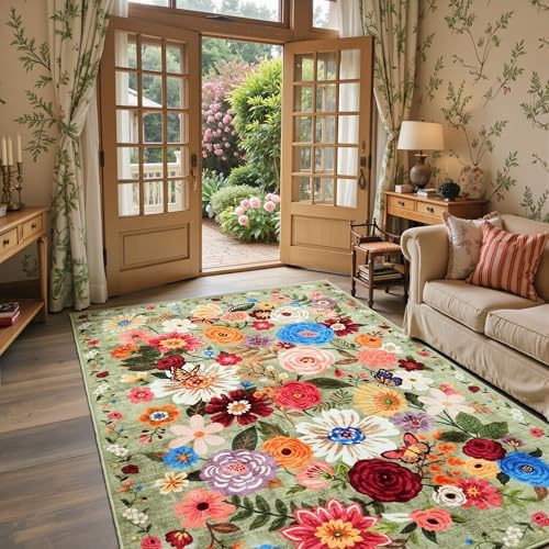 Green Floral Area Rug 3x5 for Bedroom Entryway by WelcometoBabovid