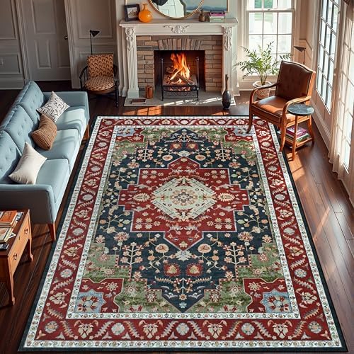 YJ.GWL Area Rugs for Living Room 6x9 Machine Washable Rugs, Non Slip Floral Vintage Rug Indoor Carpet, Stain Resistant Large Rug for Bedroom Dining Room, Red Green by YJGWLHomeDecor