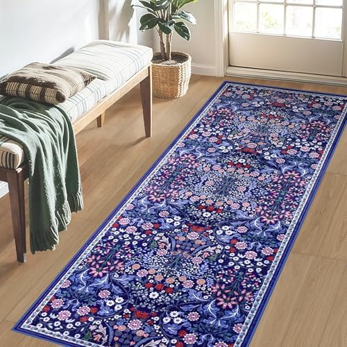 PLHXFR 2x6 Washable Runner Rug：Floral Indoor Kitchen Soft Carpet Blue - Image 3