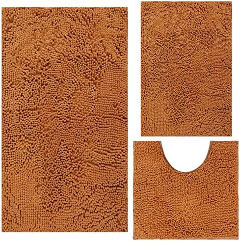 Bathroom Rugs Chenille 3-Piece Extra Soft and Absorbent Shag Bathroom Rugs, Machine Wash Mat, Strong PVC Non-Slip Underside, Plush Carpet Mats (Champagne) by BOANKODU
