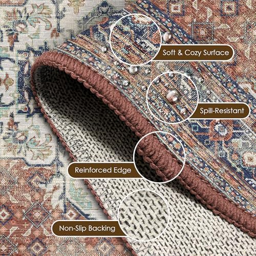 Washable Area Rug 3' x 5 ' Vintage Traditional Persian Mat - Foldable Distressed Non-Slip Machine Washable Carpet for Living Room Bedroom Kitchen Home Decor - Terracotta and Navy - Image 6