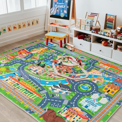 4'x5' Car Rug Play Mat for Kids, Road Traffic Playmat for Kids Room by PlumlikHomeDecor
