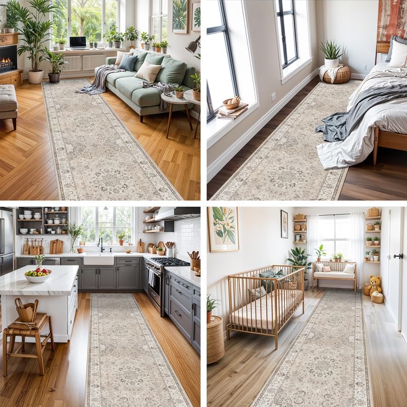 Hallway Washable Runner Rug - 2x7 Kitchen Rugs Entryway Rug Runner Vintage Soft Floor Mat Non Slip Indoor Farmhouse Carpet for Bathroom Living Room Bedroom (2 X 7, Beige) - Image 6