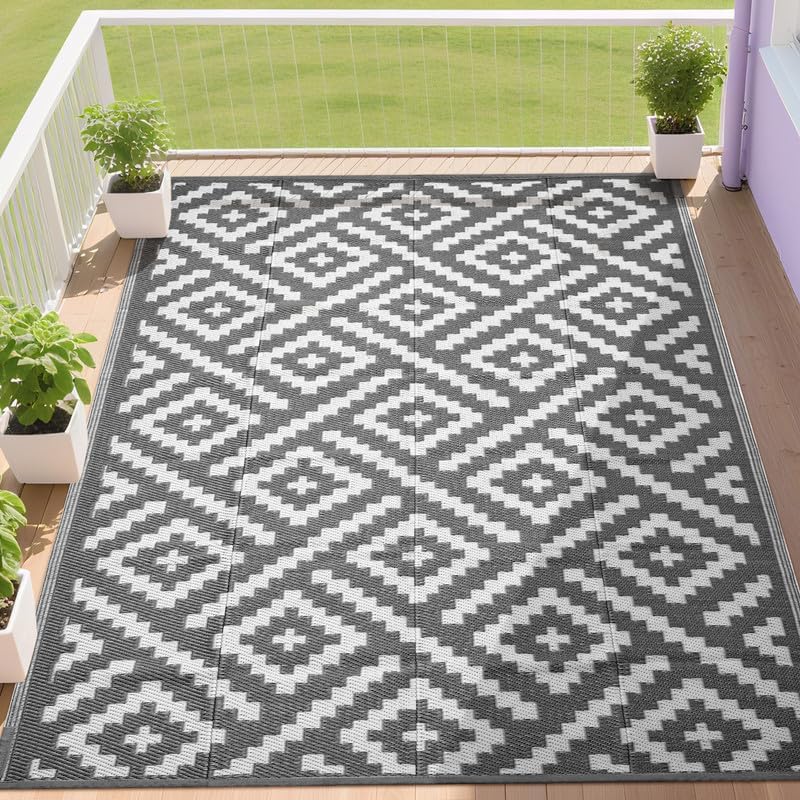 RURALITY Outdoor Rugs 9x12 Feet for Patios Clearance,Plastic Straw Waterproof Mats for Backyard,Porch,Deck,Balcony,Grey&White by RURALITY